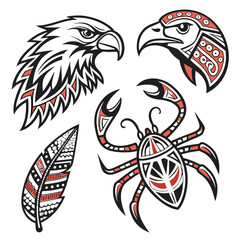 Tribal style eagle heads scorpion and feather illustration with red accents isolated on white background