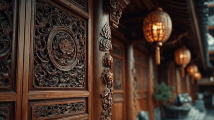 Elaborate wood carving and decorative asian architecture detail