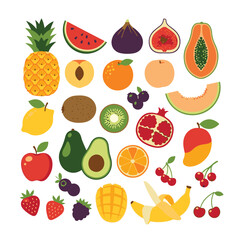 Hand-drawn colorful fruits and berries – trendy abstract minimal illustrations of natural tropical fruits. Includes figs, cherries, apples, peaches, lemons, bananas, avocados, pomegranates, pineapples
