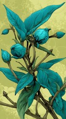 Vibrant Teal Flower Buds: Artistic Botanical Illustration with Elegant Blooms and Intricate Leaf Patterns