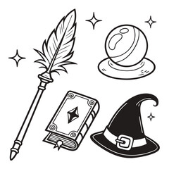 Whimsical collection of magical items including a feathered quill staff crystal ball spell book and witch hat
