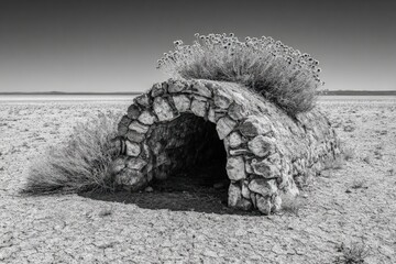 Monochrome Stone Archway In Desert Landscape