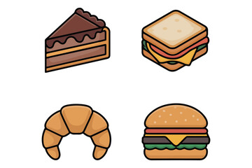 Assorted Food Items Cake, Sandwich, Croissant, and Burger Illustrations