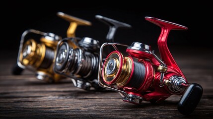 Fishing Reels: Close-up shot of spinning reels in gold, silver, and red, showcasing angling equipment on a dark wooden surface. Perfect for outdoor adventures.