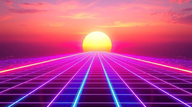 Retro futuristic sunset with neon grid and vibrant colors.