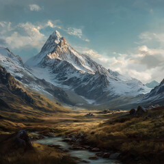 Snow covered mountain peaks with sunlight and scenic atmosphere