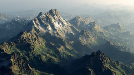 Snow covered mountain peaks with sunlight and scenic atmosphere