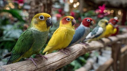 Obraz premium A vibrant row of colorful parrots perched together on a branch in a lush, green environment.