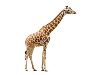 Obraz premium Elegant giraffe standing isolated PNG, tall African mammal with brown spots on transparent background for wildlife and nature designs