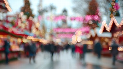 Blurred Christmas market background with warm festive winter ambiance.