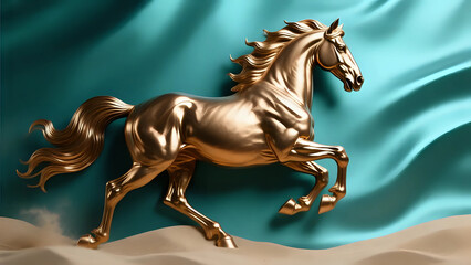 Golden horse isolated on teal background 