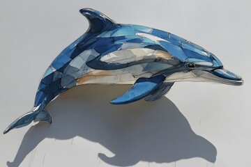 Dolphin Mosaic Art: Three-Dimensional Playful Ocean Creature in Blue Hues and Whimsical Artistic Sculpture for Stylish Underwater Elegance and Seaside Decor