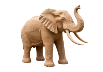 Detailed elephant statue PNG isolated on transparent background, brown stone sculpture of African animal with raised trunk and long tusks