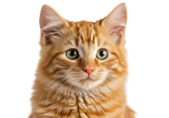 Adorable ginger tabby kitten portrait isolated, close-up of a cute orange cat with green eyes on a transparent background, domestic animal