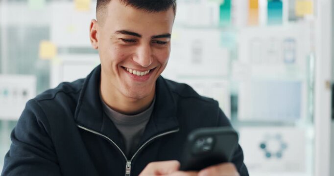 Break, social media or man with phone in office, watch funny video or typing joke message to relax. Happy, digital communication or app developer rest at workplace, laugh or mobile to browse internet