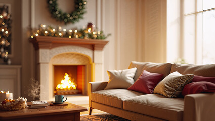 Warm cozy living room with crackling fireplace and soft blurred Christmas decorations in background