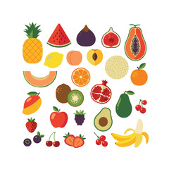 Hand-drawn colorful fruits and berries – trendy abstract minimal illustrations of natural tropical fruits. Includes figs, cherries, apples, peaches, lemons, bananas, avocados, pomegranates, pineapples
