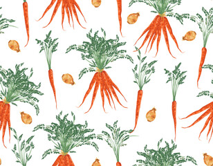 Trendy hand drawn vegetables sketch. Vintage seamless pattern vector with fresh pick vegetables from farm