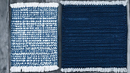 Two blue handmade cotton rugs with fringe on a wooden surface for texture background