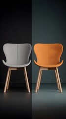 Obraz premium Stylish Modern Furniture Design: Gray and Orange Chairs with Wooden Legs for Contemporary Interior Decor and Minimalist Elegance