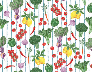 Trendy hand drawn vegetables sketch. Vintage seamless pattern vector with fresh pick vegetables from farm