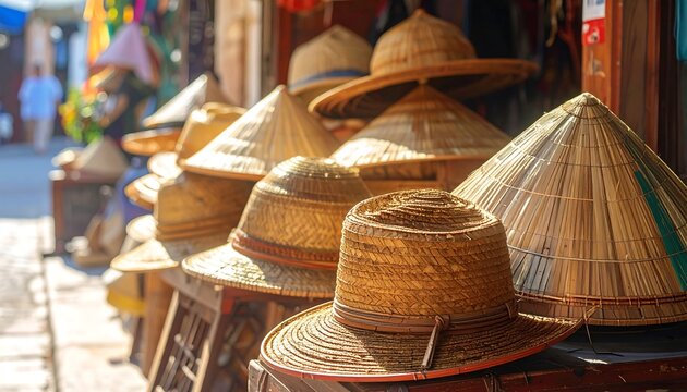 A stack of traditional conical hats displayed for sale in sunlight
