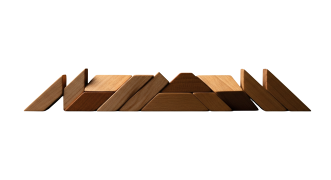 Wooden tangram puzzle pieces arranged in a landscape, isolated on transparent background