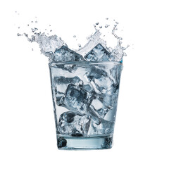  Cold water splashing into a glass with ice cubes isolated on transparent White background png
