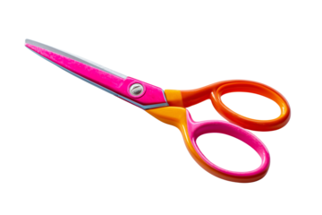Colorful scissors with pink and orange handle isolated on transparent White background png