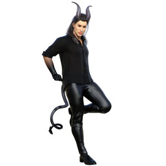 3D rendered fantasy handsome male character as a Devil with dark horns and urban clothes isolated on transparent background