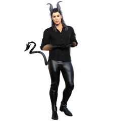 3D rendered fantasy handsome male character as a Devil with dark horns and urban clothes isolated on transparent background