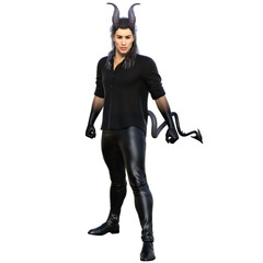 3D rendered fantasy handsome male character as a Devil with dark horns and urban clothes isolated on transparent background
