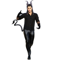 3D rendered fantasy handsome male character as a Devil with dark horns and urban clothes isolated on transparent background