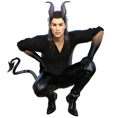 3D rendered fantasy handsome male character as a Devil with dark horns and urban clothes isolated on transparent background