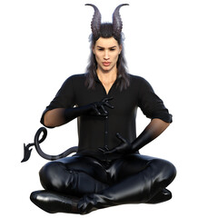 3D rendered fantasy handsome male character as a Devil with dark horns and urban clothes isolated on transparent background