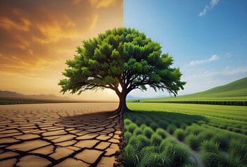 Single tree dividing lush green landscape vs cracked desert drought, climate change concept