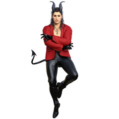 3D rendered fantasy handsome male character as a Devil with dark horns and urban clothes isolated on transparent background