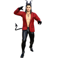 3D rendered fantasy handsome male character as a Devil with dark horns and urban clothes isolated on transparent background