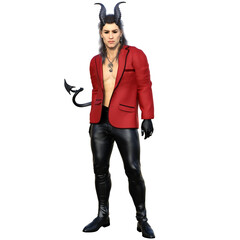 3D rendered fantasy handsome male character as a Devil with dark horns and urban clothes isolated on transparent background
