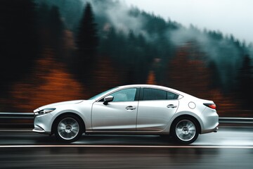 Naklejka premium Sleek silver sedan on a wet highway with blurred mountain backdrop