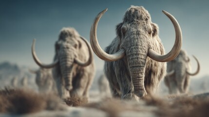 Obraz premium Wandering woolly mammoths in a dusty, hazy landscape of the paleolithic era