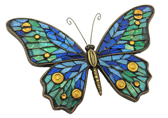 Mosaic butterfly isolated on transparent background, colorful glass insect with gold accents for decorative art and design