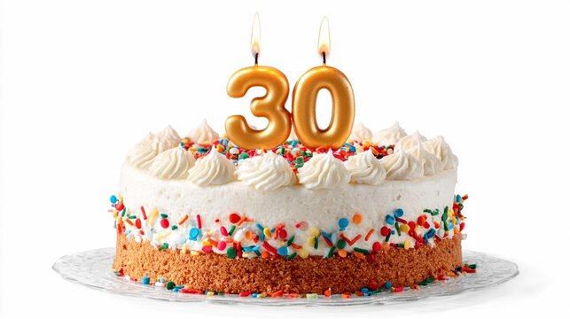 Celebrating a special milestone with a colorful cake topped with golden candles marking the 30th birthday