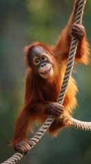 Naklejka premium Curious young orangutan playfully hanging on a rope in a lush green environment during daylight hours