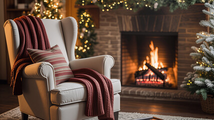 cozy living room with fireplace and blurred christmas decorations