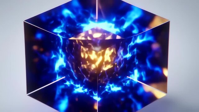Abstract geometric design featuring a vibrant, multifaceted cube with glowing, fluid, blue and gold inner surfaces