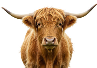 Majestic Highland cow with long horns isolated on transparent PNG, Scottish cattle breed with shaggy coat for animal and farm themes