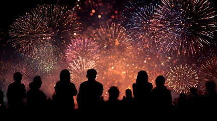 Large crowd of people watching colorful fireworks explode in the night sky during a public celebration, with silhouettes illuminated by vibrant lights in a festive and joyful atmosphere