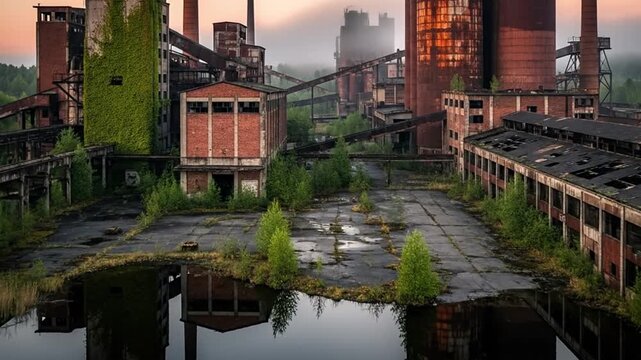 A simple, desolate beauty pervades this abandoned industrial complex as nature quietly reclaims decaying structures, a stark testament to time's passage