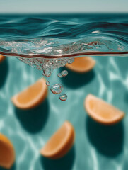 Juicy orange slices float beneath clear turquoise water with air bubbles rising above. Refreshing minimal food and water concept with summer vibes.